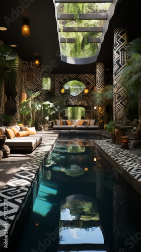 geometric patterns cover the walls and floor of this room with a pool in the center photo