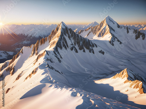 Golden Awakening: Sunrise over Snow-Capped Peaks. generative AI
