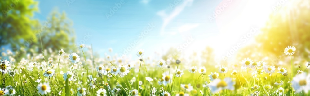 blurred spring background nature with blooming glade chamomile, trees and blue sky on a sunny day.