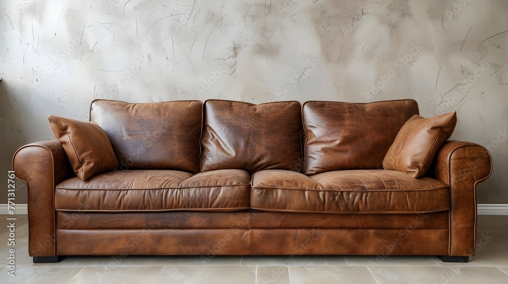 Brown leather sofa against beige stucco wall. Loft home interior design of modern living room - obrazy, fototapety, plakaty 