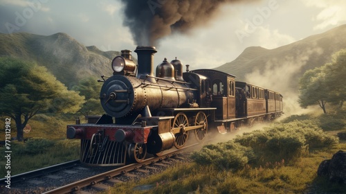 A steam locomotive train travels through a lush green valley photo
