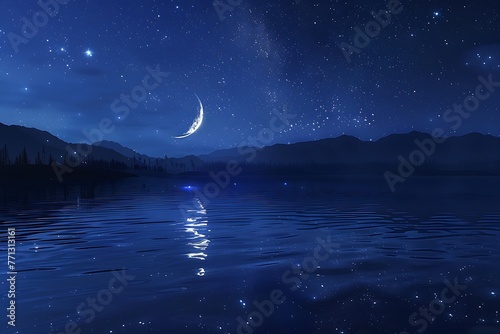 : A serene lake reflecting the night sky, with the moon and stars casting ripples on the water
