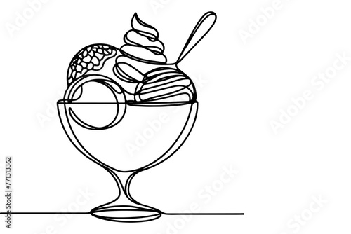 Continuous one black line drawing of ice cream icon outline doodle summer concept vector illustration on white background