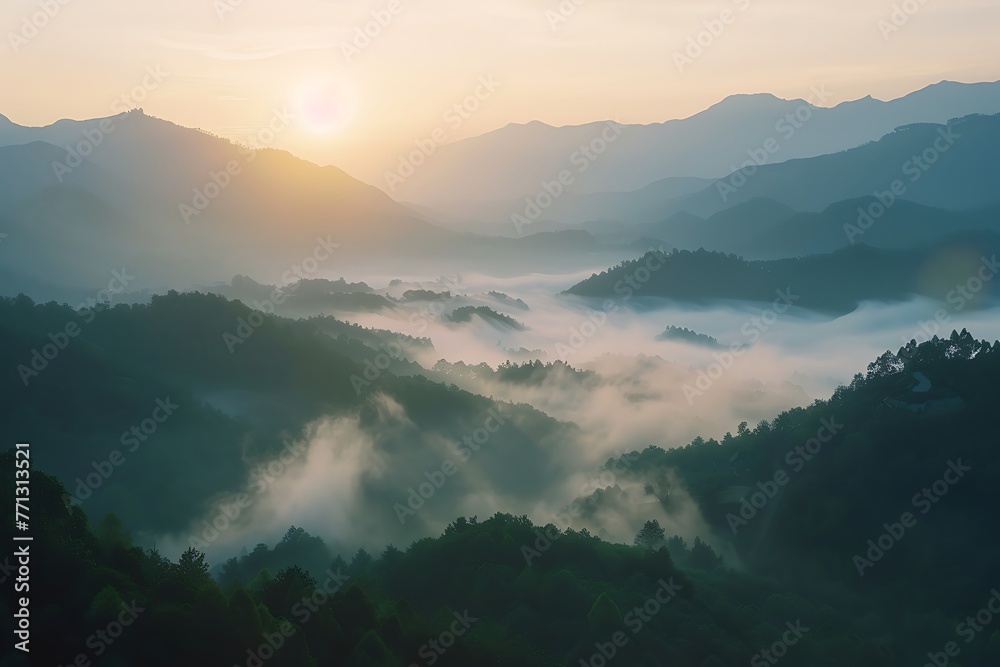 : A serene mountain landscape at dawn, with fog lifting as the sun rises, in a time-lapse sequence