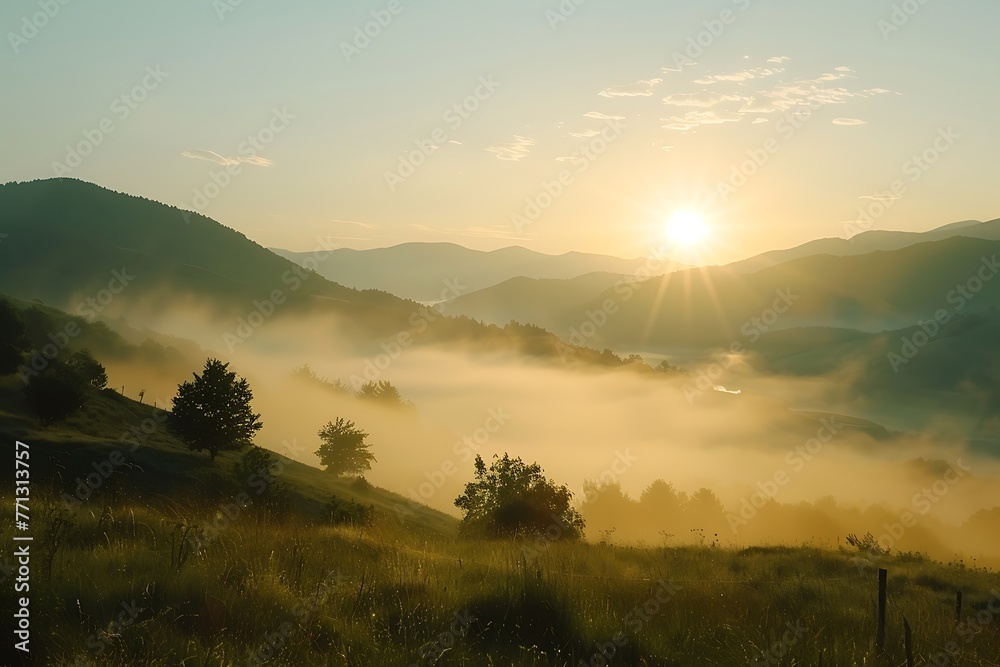 : A serene mountain landscape at dawn, with fog lifting as the sun rises, in a time-lapse sequence