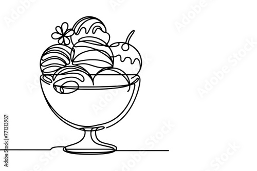 Continuous one black line drawing of ice cream icon outline doodle summer concept vector illustration on white background