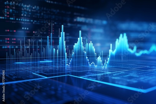 a blue technology background with a financial chart and a graph