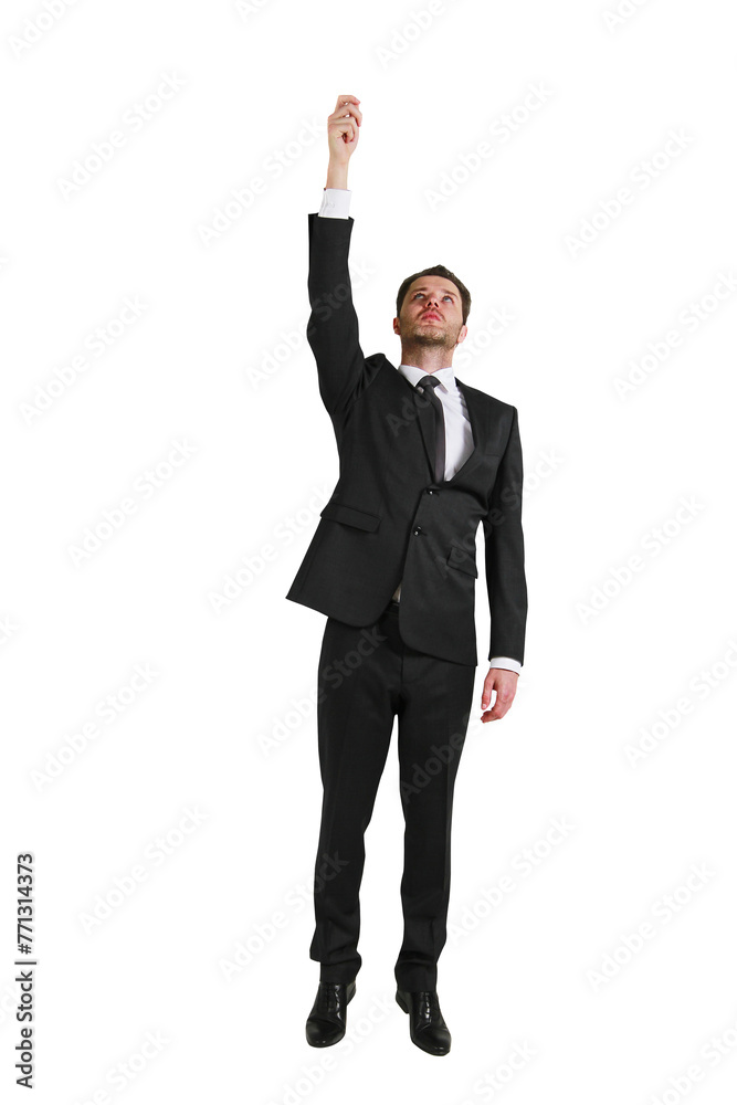A man in a black suit reaching upwards, isolated on a white background, depicting aspiration or goal achievement A man in a black suit reaching upwards, isolated on a white background, depicting aspiration or goal achievement
