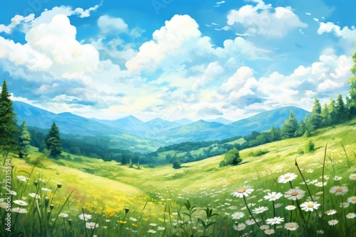 Green rolling hills with white clouds and flowers