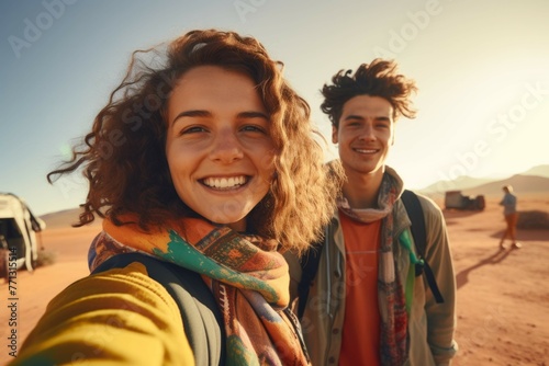 two young people in Morocco walking with their luggage in the desert taking a selfie