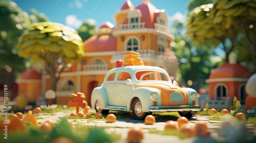 A cute cartoon car is on the road in a beautiful town