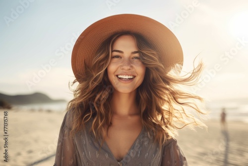 a beautiful woman smiling on the beach wearing a straw hat © Michael Böhm