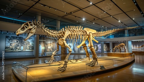 A skeleton of a dinosaur is on display in a museum by AI generated image © chartchai
