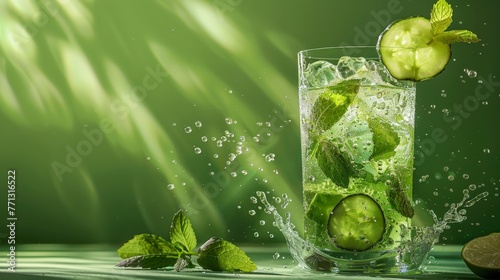 Refreshing Mojito Cocktail with Mint and Cucumber in a Glass on Green Background with Splashing Water  