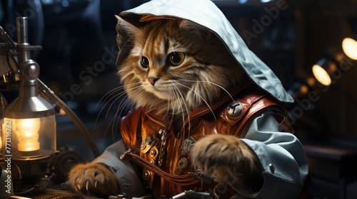 A cat wearing a steampunk outfit is working on a machine.