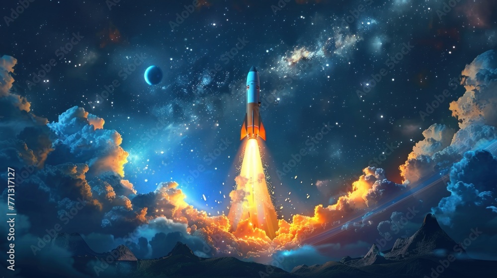 Cartoon space ship rocket taking off,copy space Cartoon space ship rocket taking off,copy space