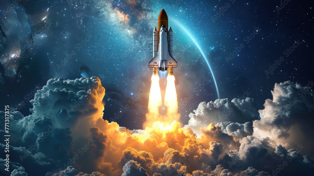 Cartoon space ship rocket taking off,copy space - obrazy, fototapety, plakaty 