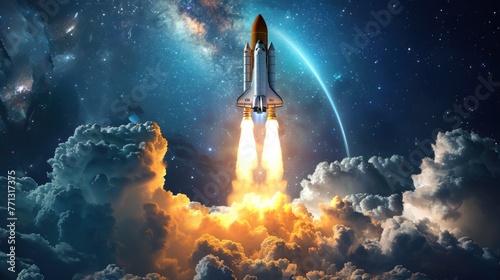 Cartoon space ship rocket taking off,copy space photo