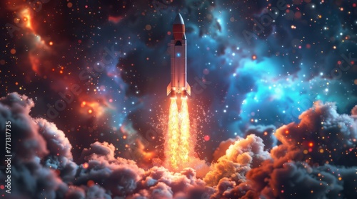 Cartoon space ship rocket taking off,copy space © 2D_Jungle