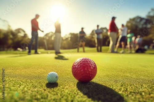Friends having fun playing golf in a course with colorful golf balls and clubs