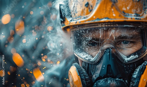 Professional construction worker wearing a high-grade dust mask, surrounded by lot of floating particles of glass wool dust in a construction site, Generative AI