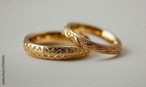 Pair of gold Wedding ring on a white background, macro shot, Generative AI