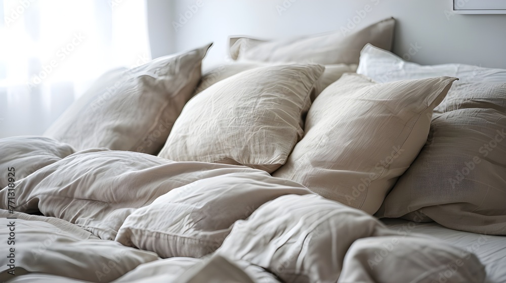 close up cozy sofa with pillows and knitted plaid. Scandinavian, hygge, boho home interior design of modern living room.