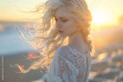 A beautiful albino woman in a light, lace dress, walking along a sandy beach. 