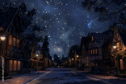 : A starlit sky above a quiet, small-town street, with the warm glow of streetlights and cozy houses