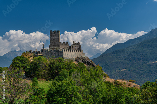 Ruins of middle ages Cly Castle. Build in different times, starting from the ancient build dating 1027 a.c. Owned by the Challant family, from 1376 was owned by the Savoy family, Valle d'Aosta, Italy photo