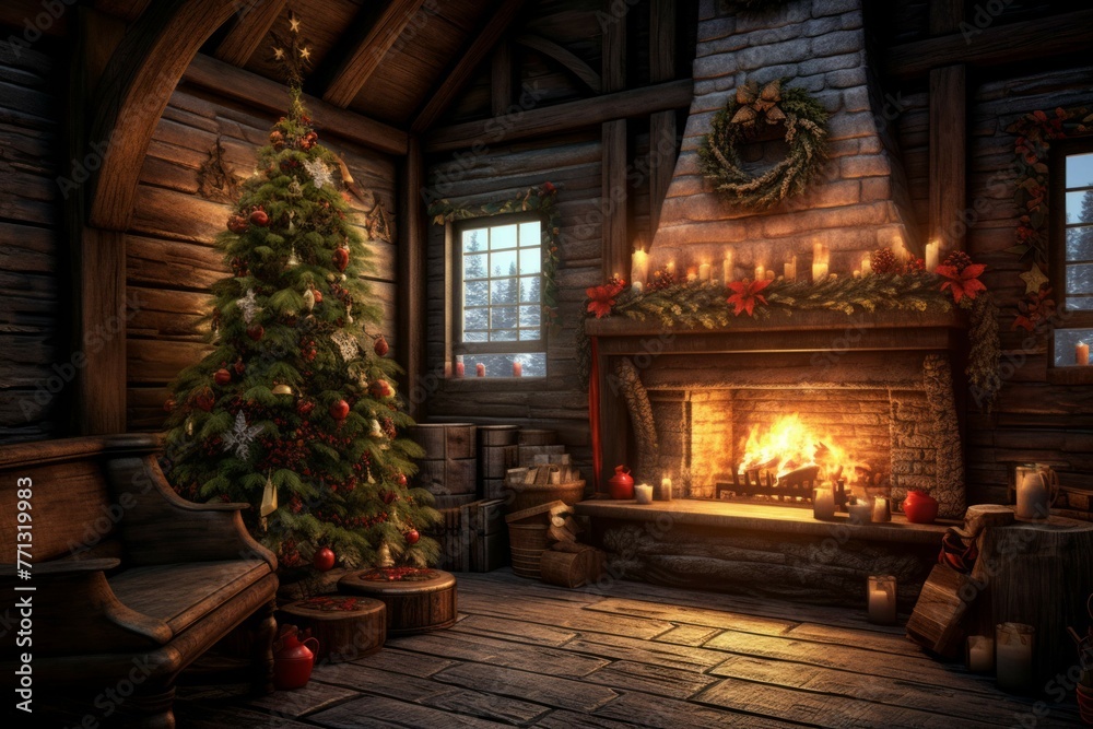 Cozy cabin with Christmas tree and fireplace