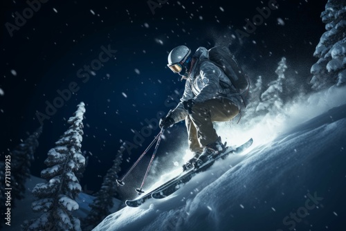 Person skiing down snow-covered mountain with Christmas lights in background.