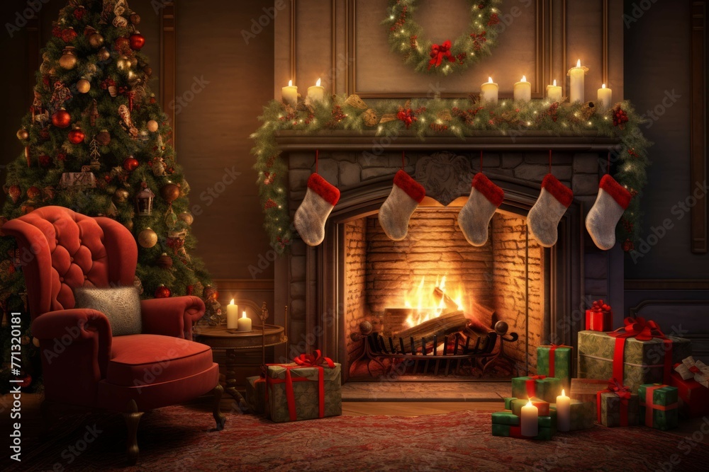 Christmas living room with fireplace and presents