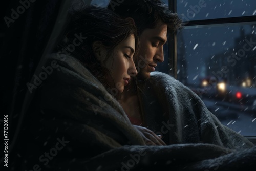 Couple cuddled up under a blanket on a winter night.