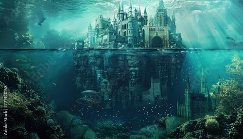 A fantasy underwater scene with a castle and a shark by AI generated image