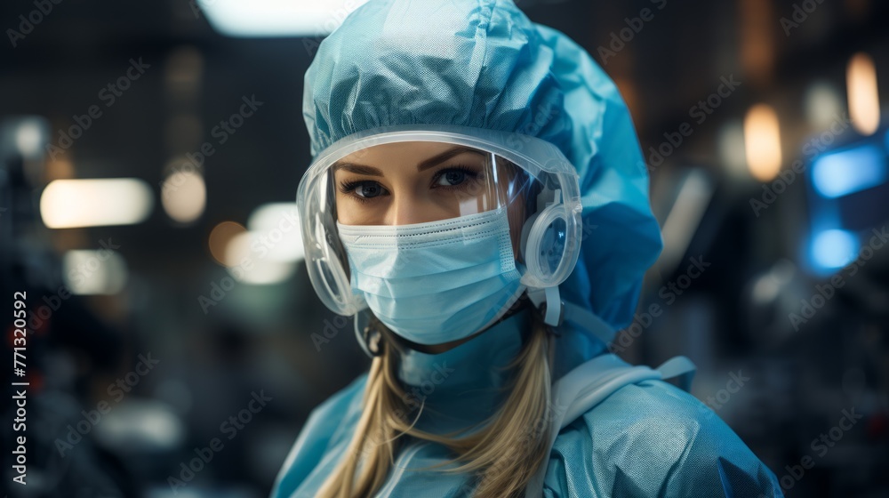 Portrait of a Female Scientist Wearing a Surgical Mask and Safety Goggles Portrait of a Female Scientist Wearing a Surgical Mask and Safety Goggles