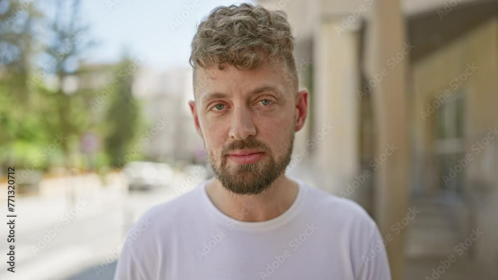 Young caucasian bearded man with blue eyes smiles gently on a sunny city street.