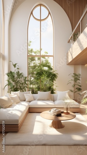 A bright and airy living room with a large window and a comfortable sofa