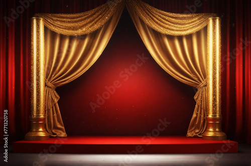 theater podium with spotlights and red magnificent curtains