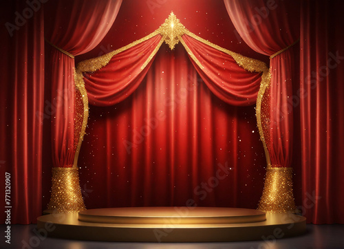 Royal theater stage with red curtains with highlights and gold glitter sprinkles