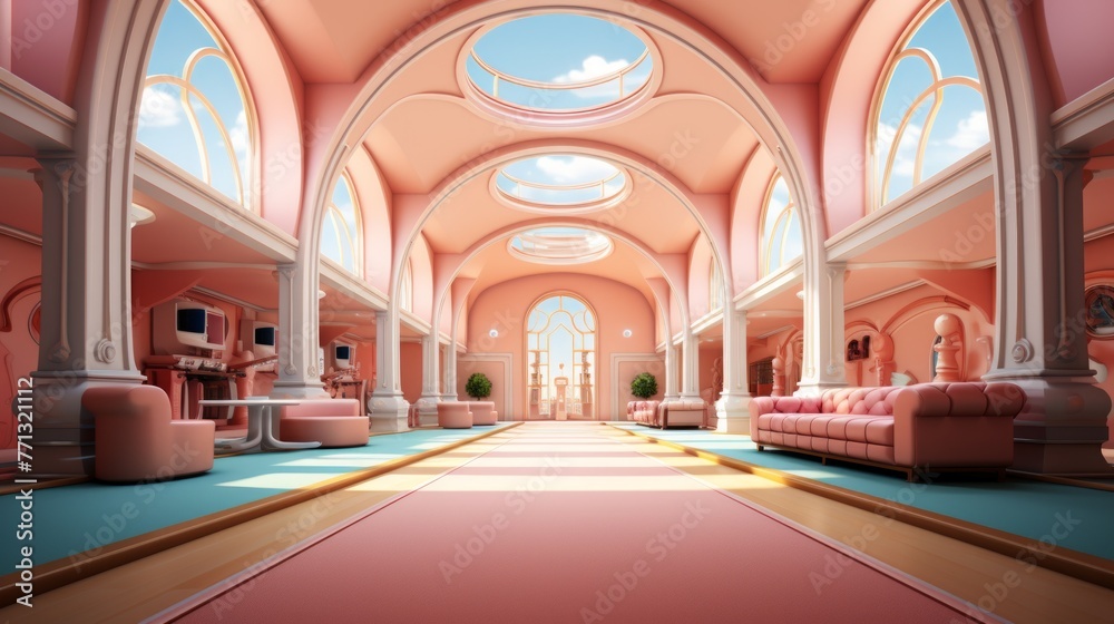 Pink surreal retro futuristic interior design