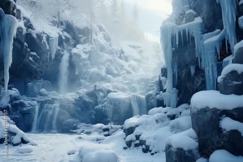 Frozen waterfall surrounded by icicles and snow-covered rocks in a winter wonderland.