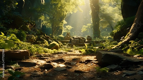 fantasy forest path with rocks and trees