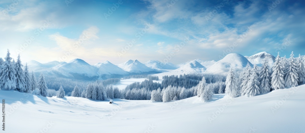 Scenic winter view of German mountains with snow-covered landscape, tall trees, and clear blue sky