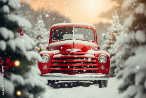 A vintage truck parked in front of a Christmas tree farm.