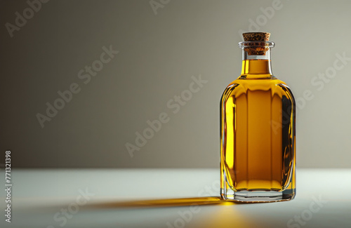 Description: A Golden Bottle Of Olive Oil With Cork And Reflective Shadows On A Light Background.