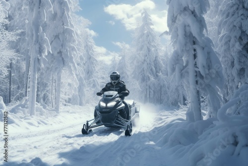 Snowmobiling through forest