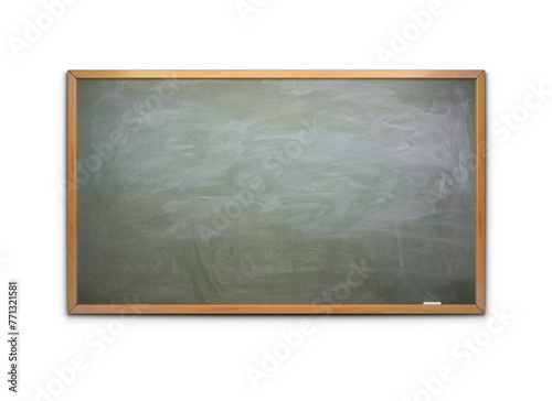 An empty green chalkboard with a wooden frame, isolated on a white background depicting an educational concept