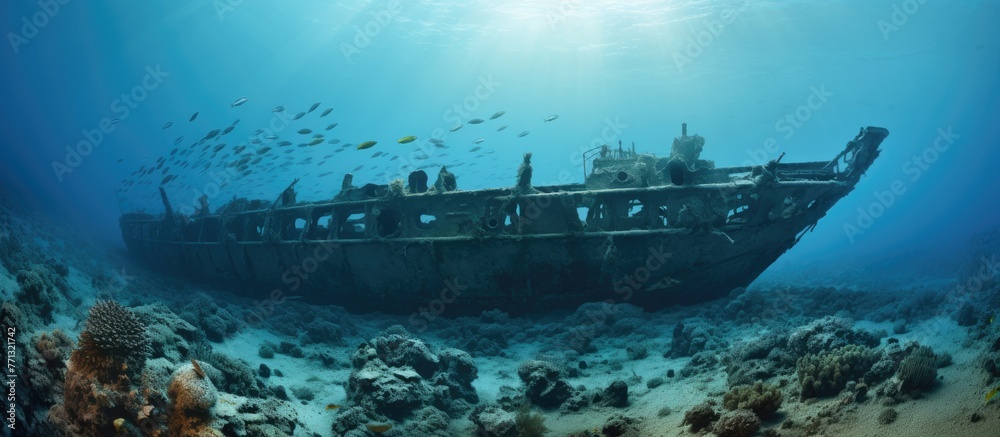An underwater scene shows a sunken ship surrounded by an abundance of fish swimming around Redsea North Brother Wreck Deep