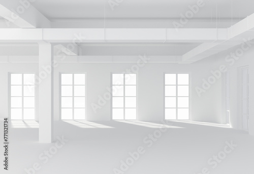A minimalist white empty room with large windows casting shadows on the floor  presenting a clean  open space concept on a white background